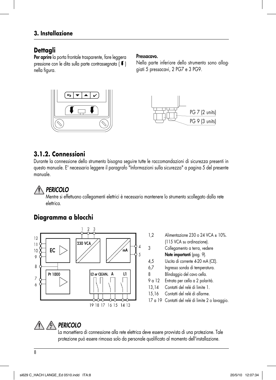 Diagramma a blocchi, Pericolo, Connessioni | Dettagli | Hach-Lange SI629 C User Manual | Page 132 / 157