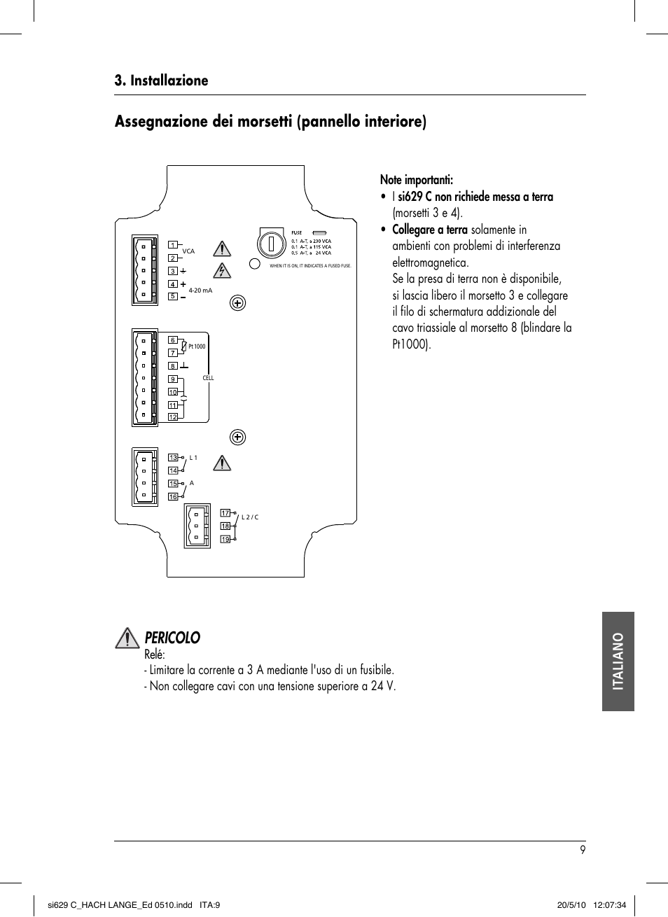 Assegnazione dei morsetti (pannello interiore), Pericolo, Installazione it aliano | Hach-Lange SI629 C User Manual | Page 133 / 157