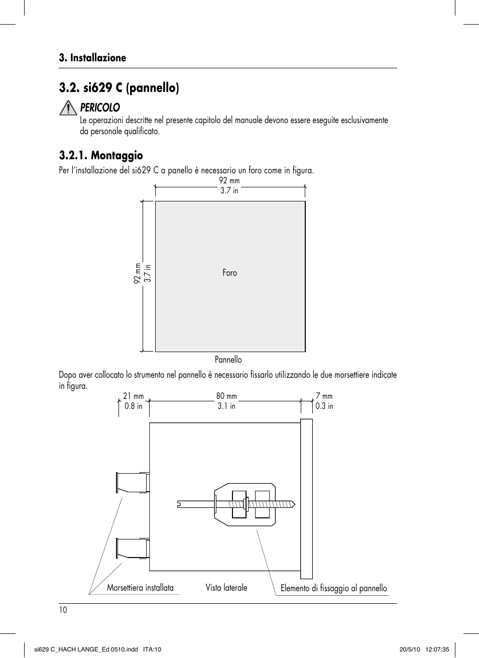 Si629 c ( pannello), Pericolo, Montaggio | Hach-Lange SI629 C User Manual | Page 134 / 157