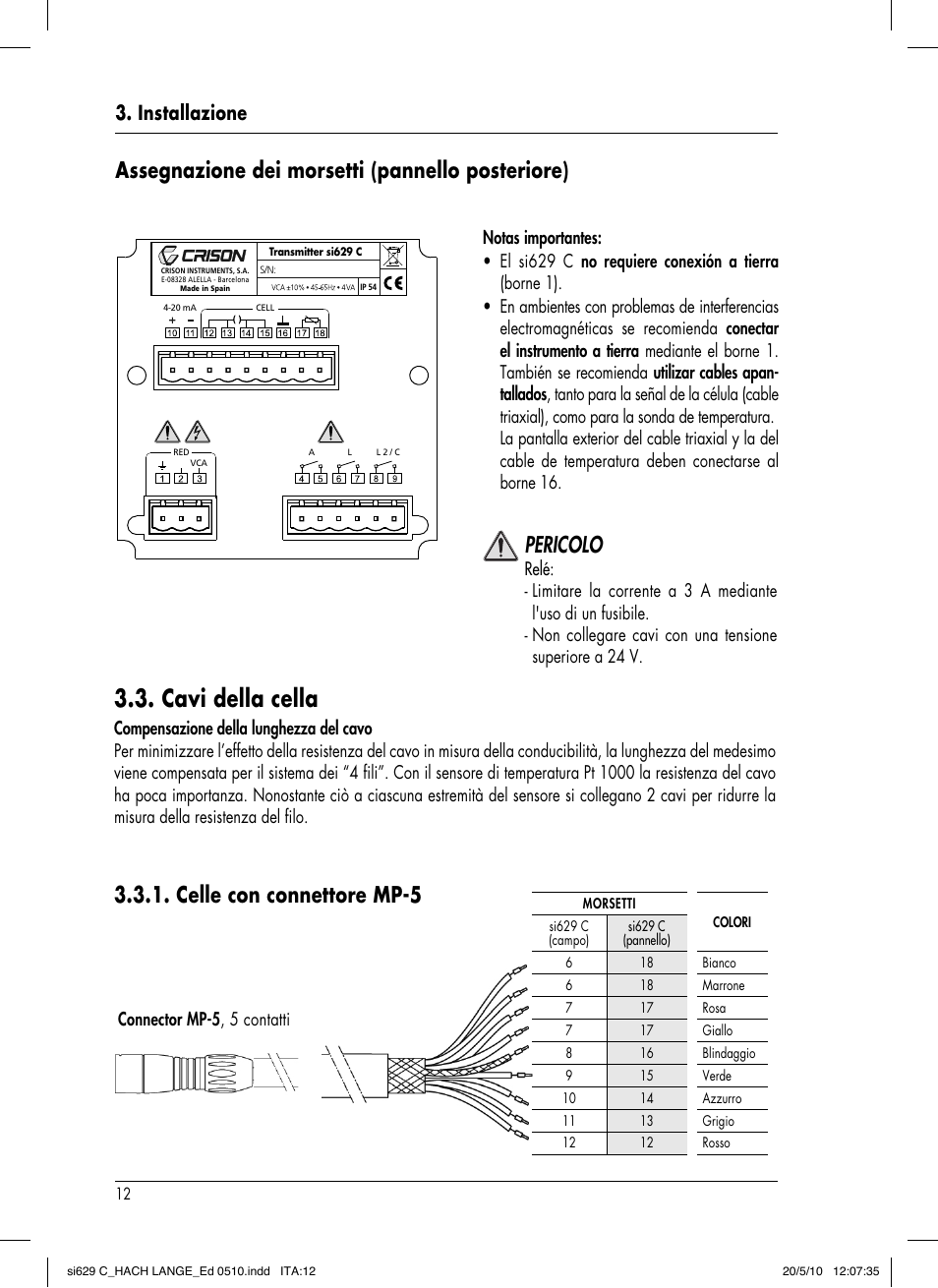 Cavi della cella, Pericolo, Assegnazione dei morsetti (pannello posteriore) | Celle con connettore mp-5, Installazione | Hach-Lange SI629 C User Manual | Page 136 / 157