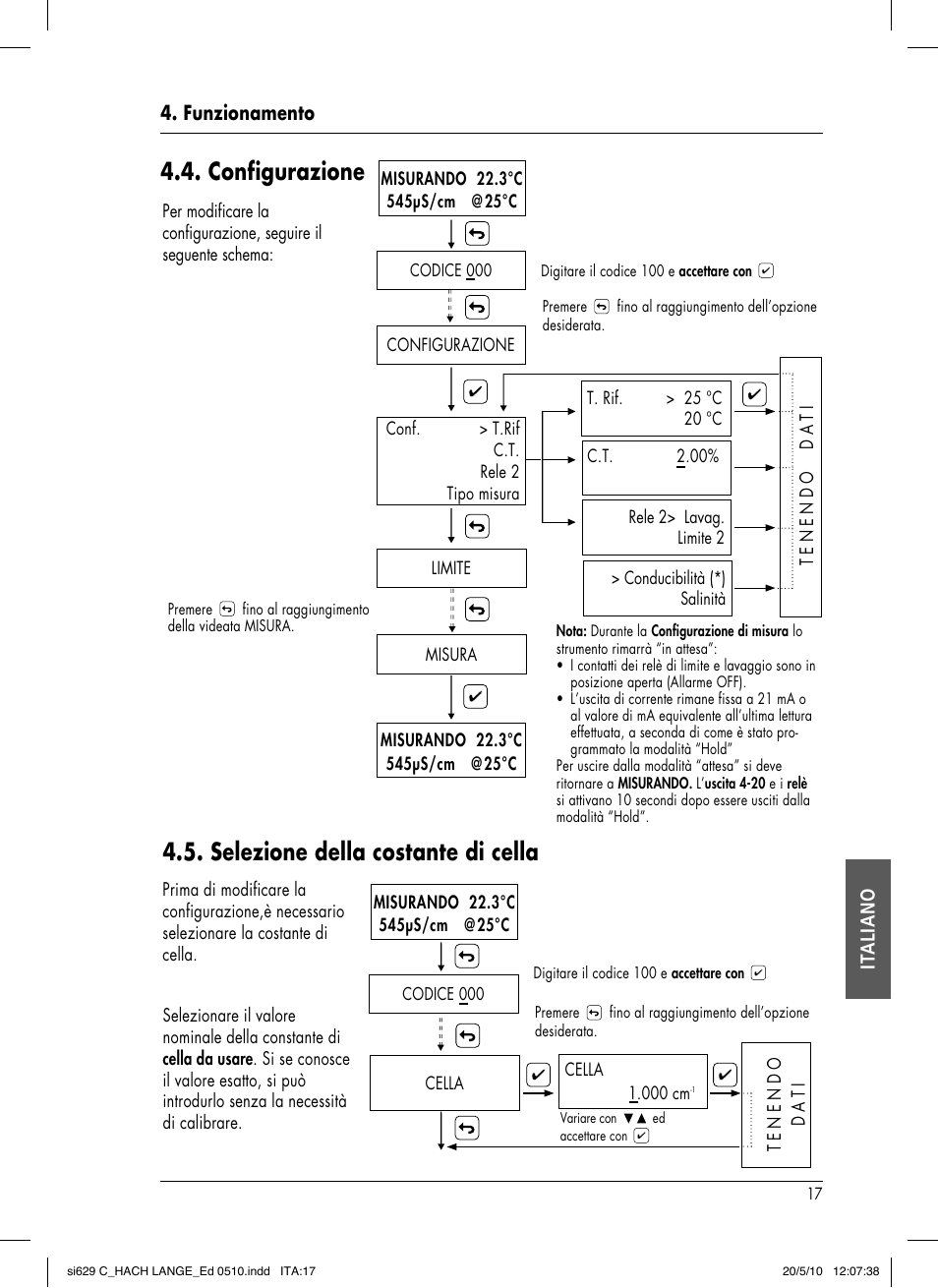 Configurazione, Selezione della costante di cella, Funzionamento it aliano | Hach-Lange SI629 C User Manual | Page 141 / 157