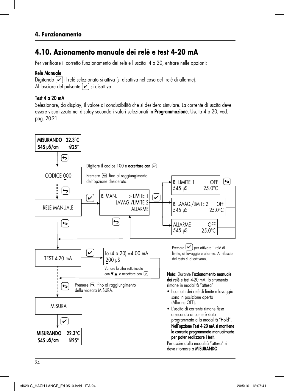 Azionamento manuale dei relé e test 4-20 ma, Funzionamento | Hach-Lange SI629 C User Manual | Page 148 / 157
