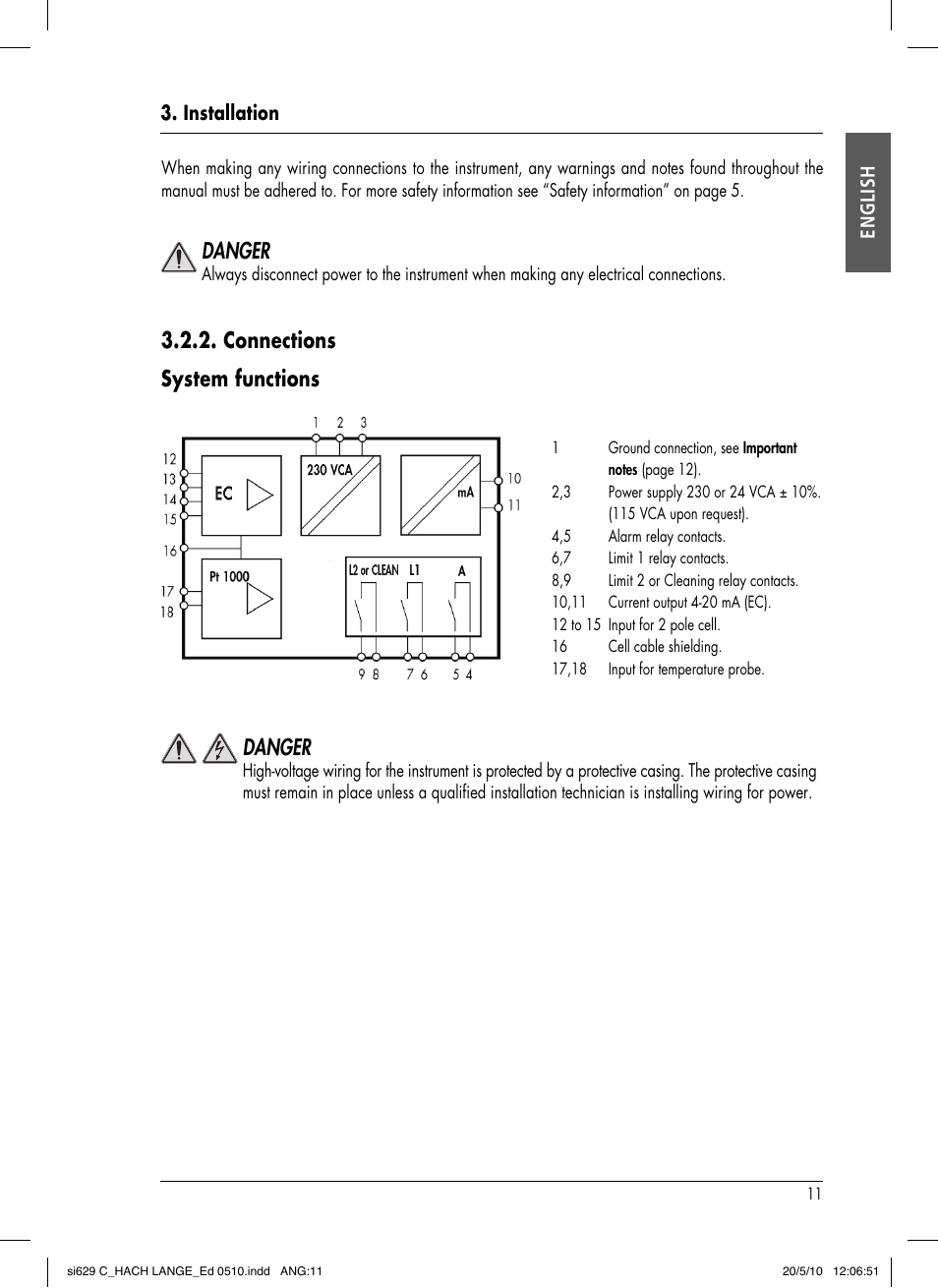 Connections system functions, Danger | Hach-Lange SI629 C User Manual | Page 15 / 157