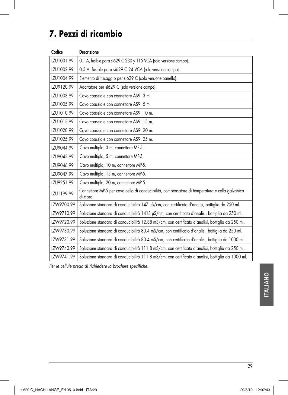 Pezzi di ricambio, It aliano | Hach-Lange SI629 C User Manual | Page 153 / 157