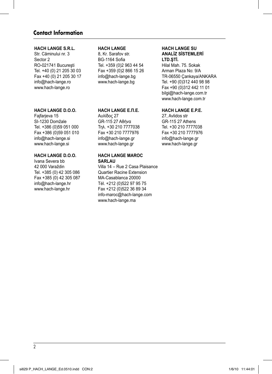 Contact information | Hach-Lange SI629 C User Manual | Page 156 / 157