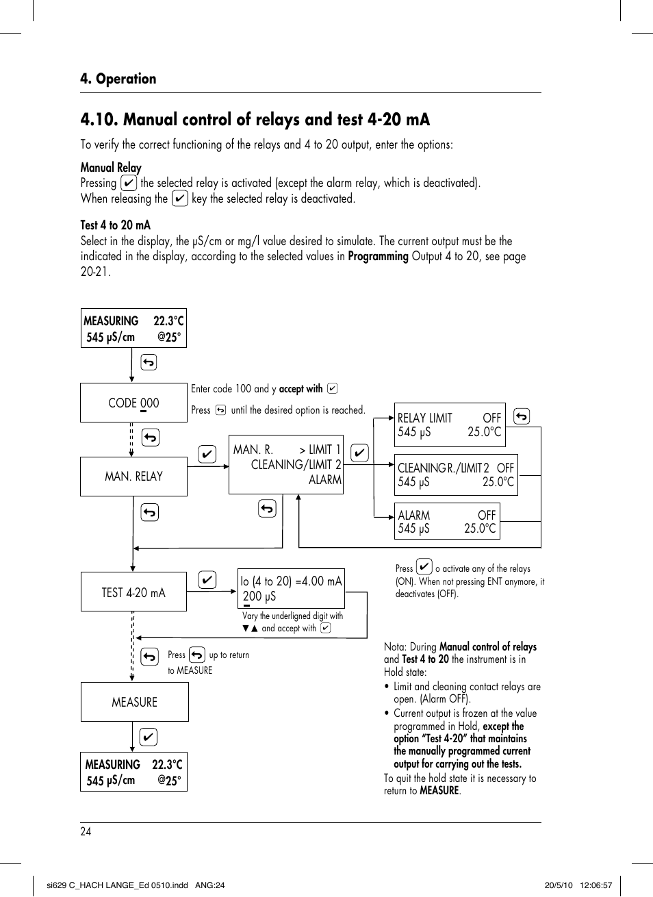 Manual control of relays and test 4-20 ma, Operation | Hach-Lange SI629 C User Manual | Page 28 / 157