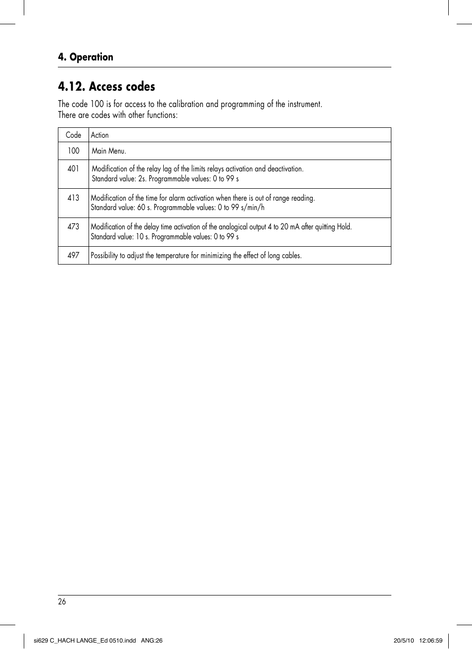 Access codes, Operation | Hach-Lange SI629 C User Manual | Page 30 / 157