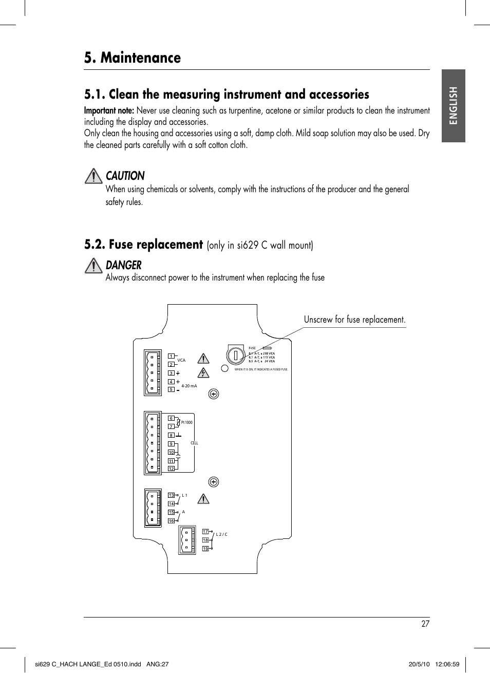 Maintenance, Clean the measuring instrument and accessories, Fuse replacement | Caution, Danger, English, Only in si629 c wall mount) | Hach-Lange SI629 C User Manual | Page 31 / 157