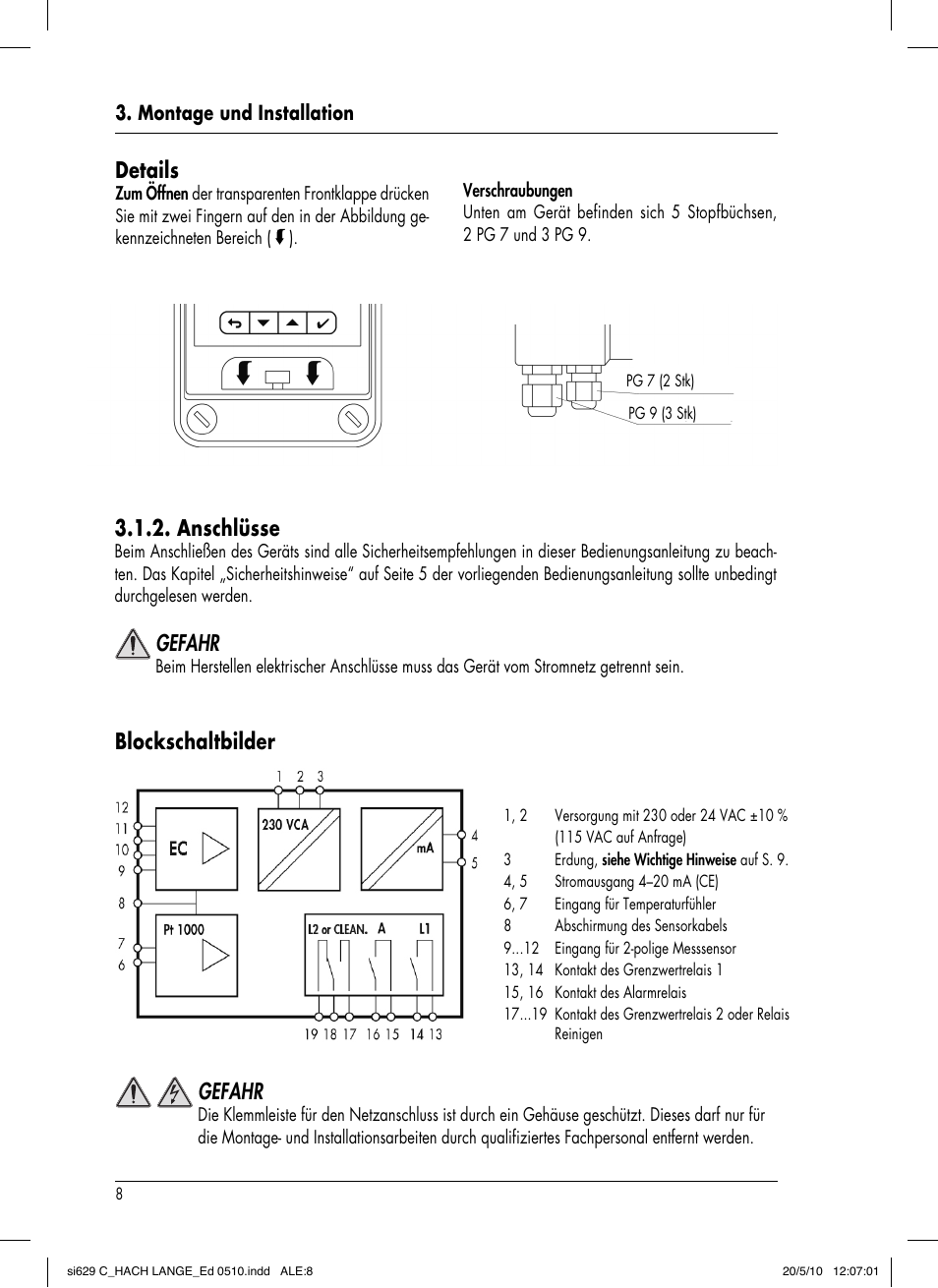 Blockschaltbilder, Anschlüsse, Details | Gefahr | Hach-Lange SI629 C User Manual | Page 42 / 157