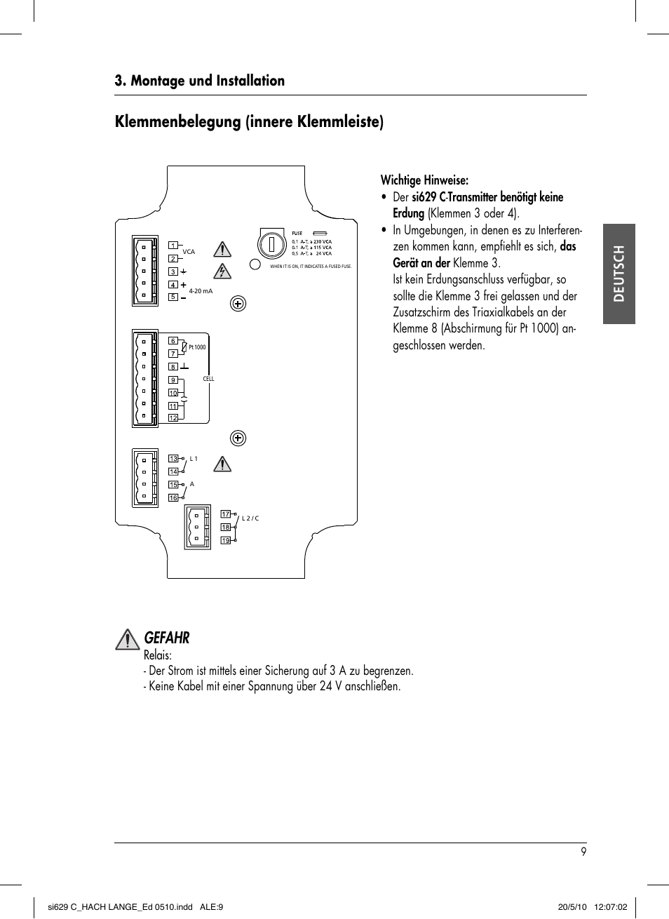Klemmenbelegung (innere klemmleiste), Gefahr, Montage und installation deutsch | Hach-Lange SI629 C User Manual | Page 43 / 157