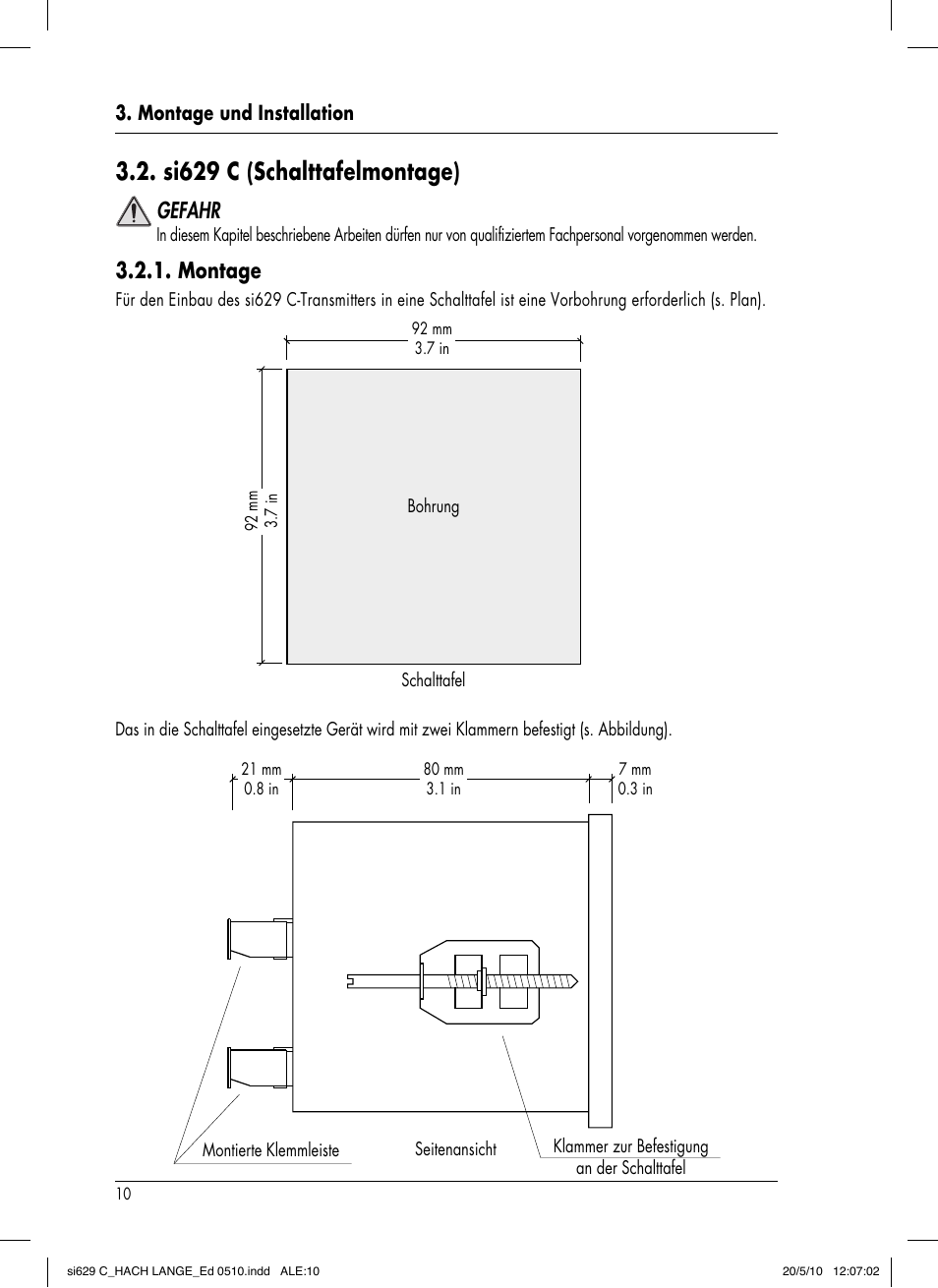 Si629 c (schalttafelmontage), Gefahr, Montage | Hach-Lange SI629 C User Manual | Page 44 / 157