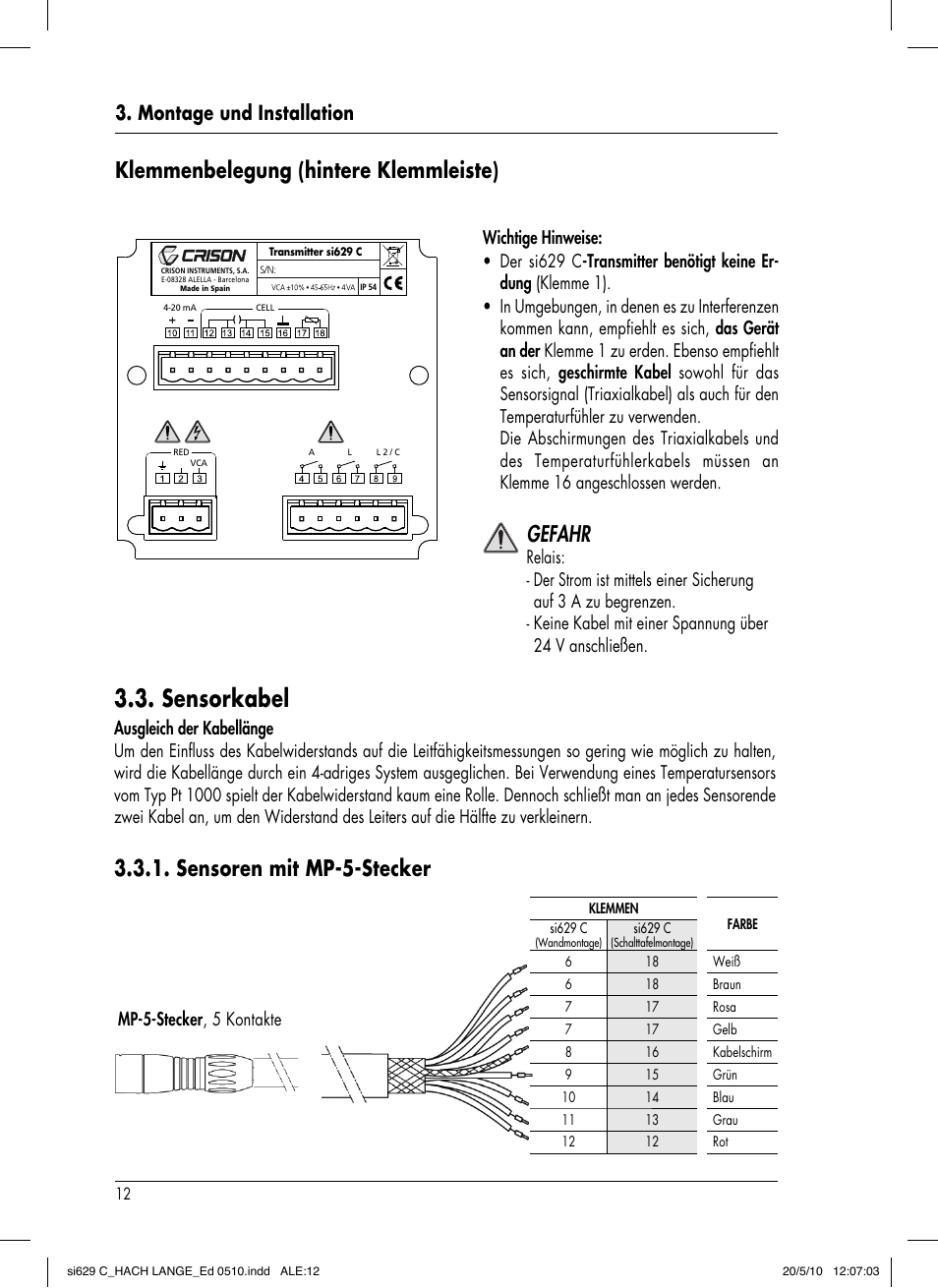 Sensorkabel, Gefahr, Klemmenbelegung (hintere klemmleiste) | Sensoren mit mp-5-stecker, Montage und installation | Hach-Lange SI629 C User Manual | Page 46 / 157
