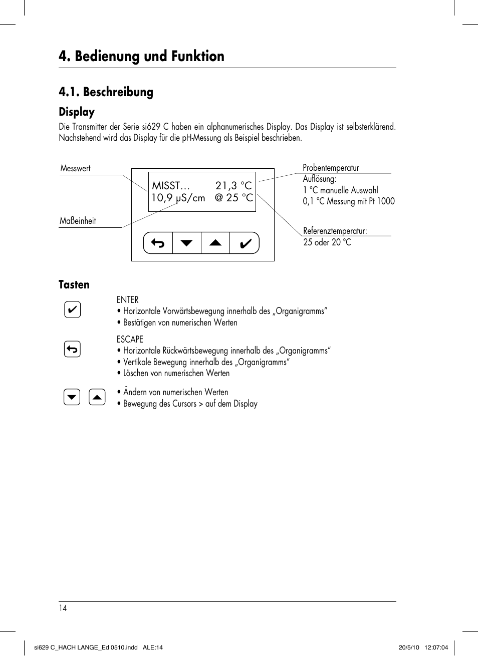 Bedienung und funktion, Beschreibung, Display | Tasten | Hach-Lange SI629 C User Manual | Page 48 / 157