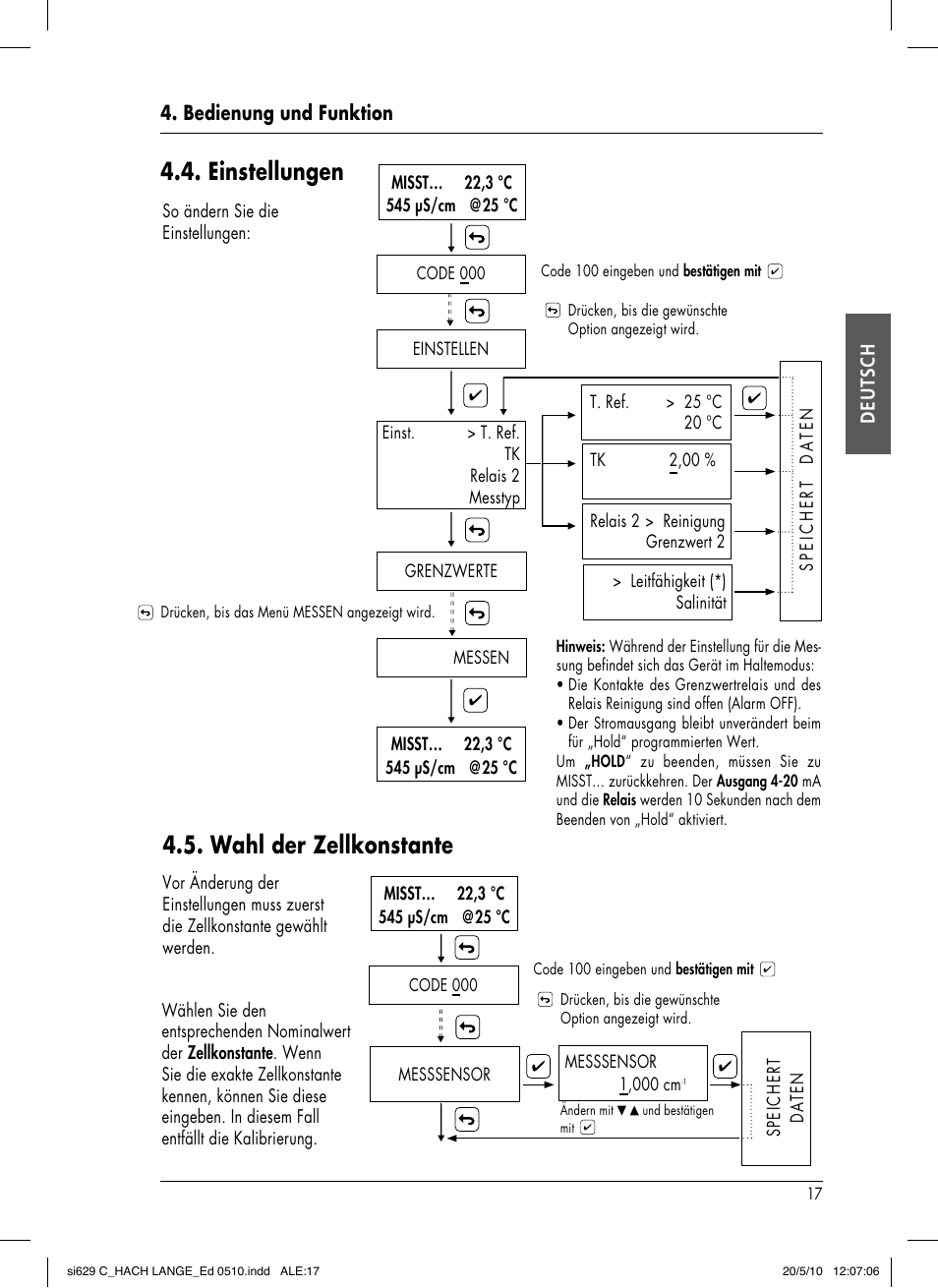 Einstellungen, Wahl der zellkonstante, Bedienung und funktion deutsch | Hach-Lange SI629 C User Manual | Page 51 / 157