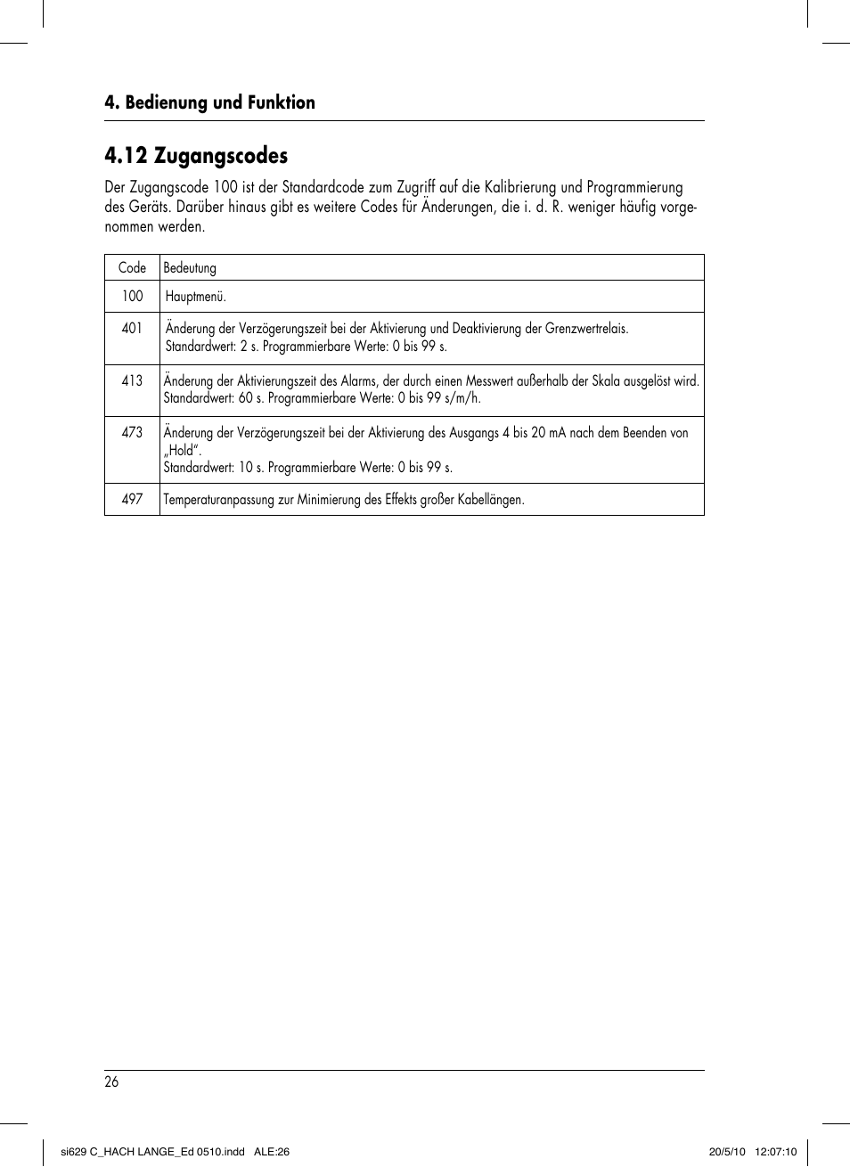 12 zugangscodes, Bedienung und funktion | Hach-Lange SI629 C User Manual | Page 60 / 157