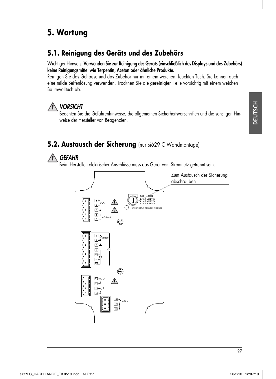 Wartung, Reinigung des geräts und des zubehörs, Austausch der sicherung | Vorsicht, Gefahr, Deutsch, Nur si629 c wandmontage) | Hach-Lange SI629 C User Manual | Page 61 / 157