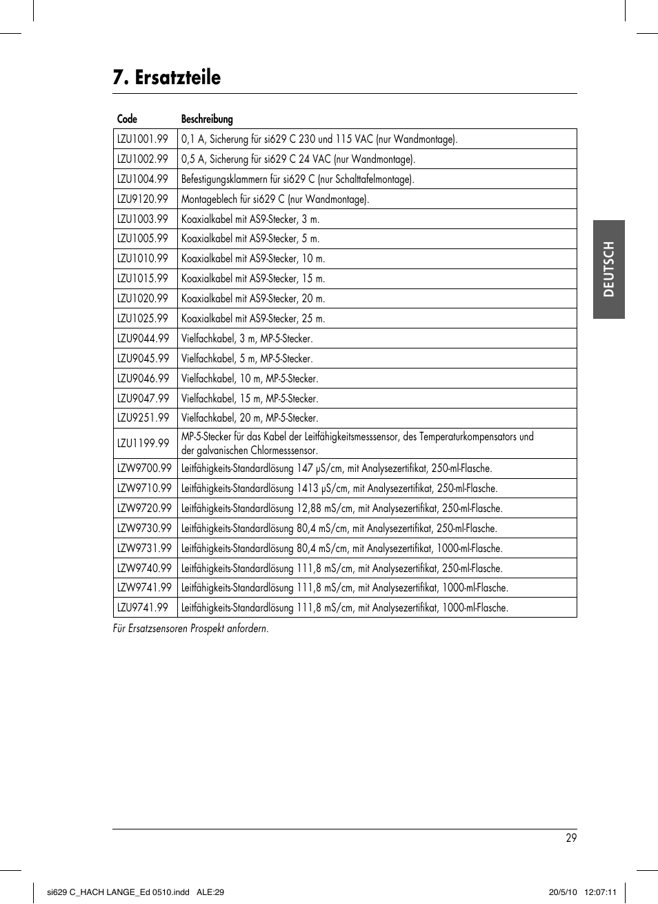 Ersatzteile, Deutsch | Hach-Lange SI629 C User Manual | Page 63 / 157