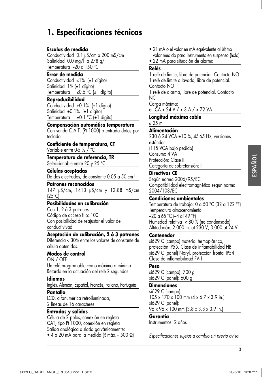 Especificaciones técnicas | Hach-Lange SI629 C User Manual | Page 67 / 157