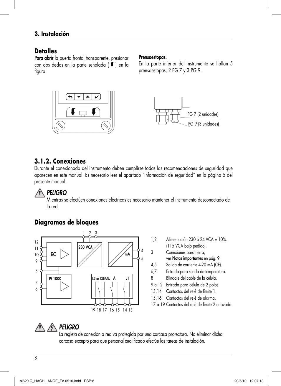 Diagramas de bloques, Conexiones, Detalles | Peligro | Hach-Lange SI629 C User Manual | Page 72 / 157