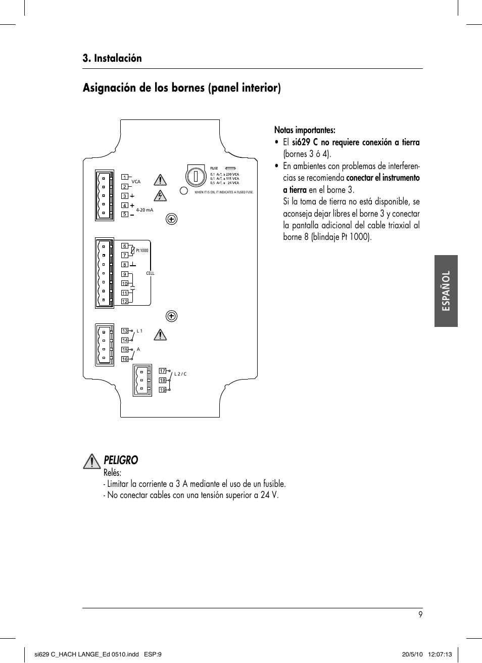 Asignación de los bornes (panel interior), Peligro, Instalación esp añol | Hach-Lange SI629 C User Manual | Page 73 / 157