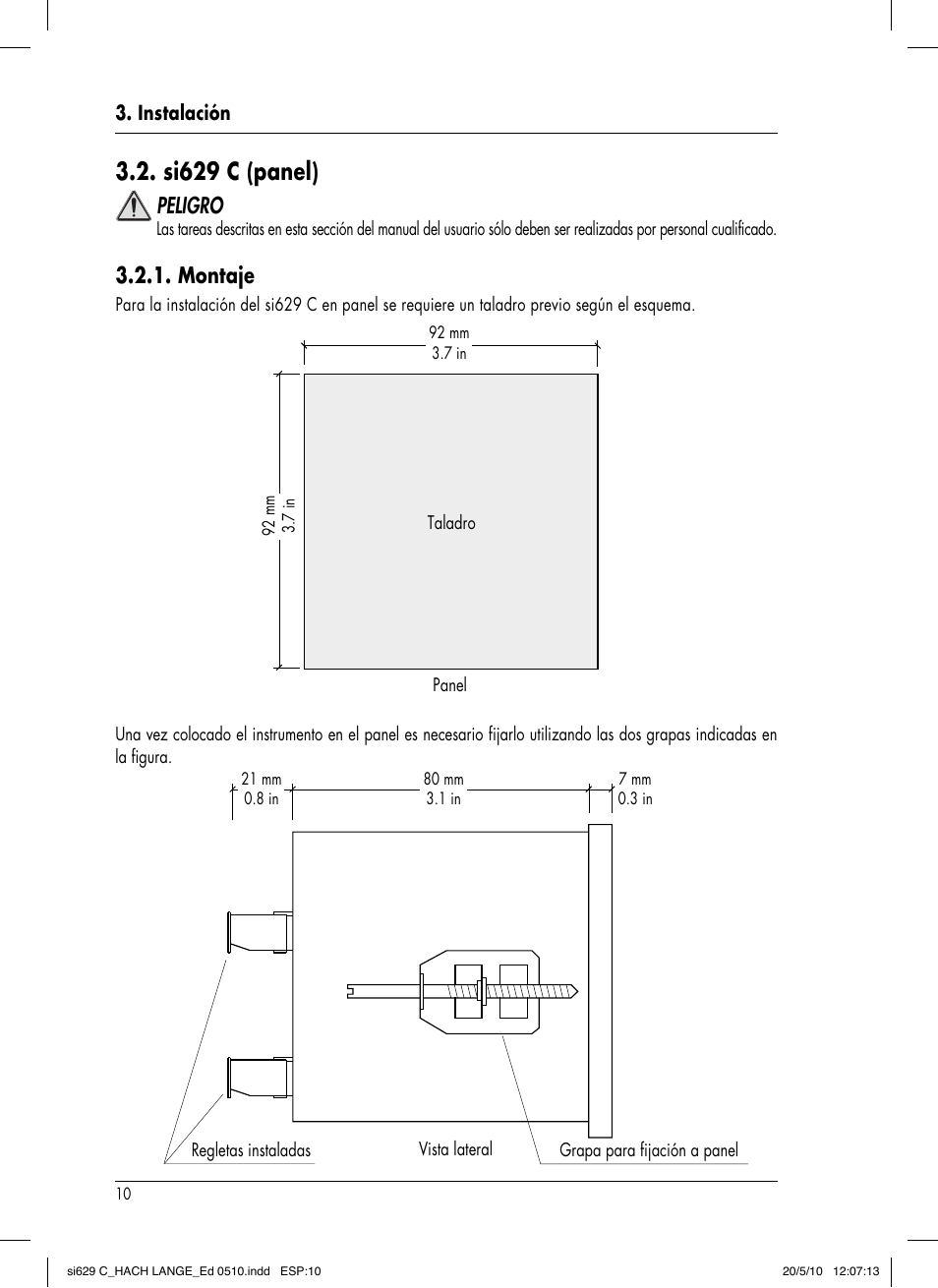 Si629 c (panel), Peligro, Montaje | Hach-Lange SI629 C User Manual | Page 74 / 157