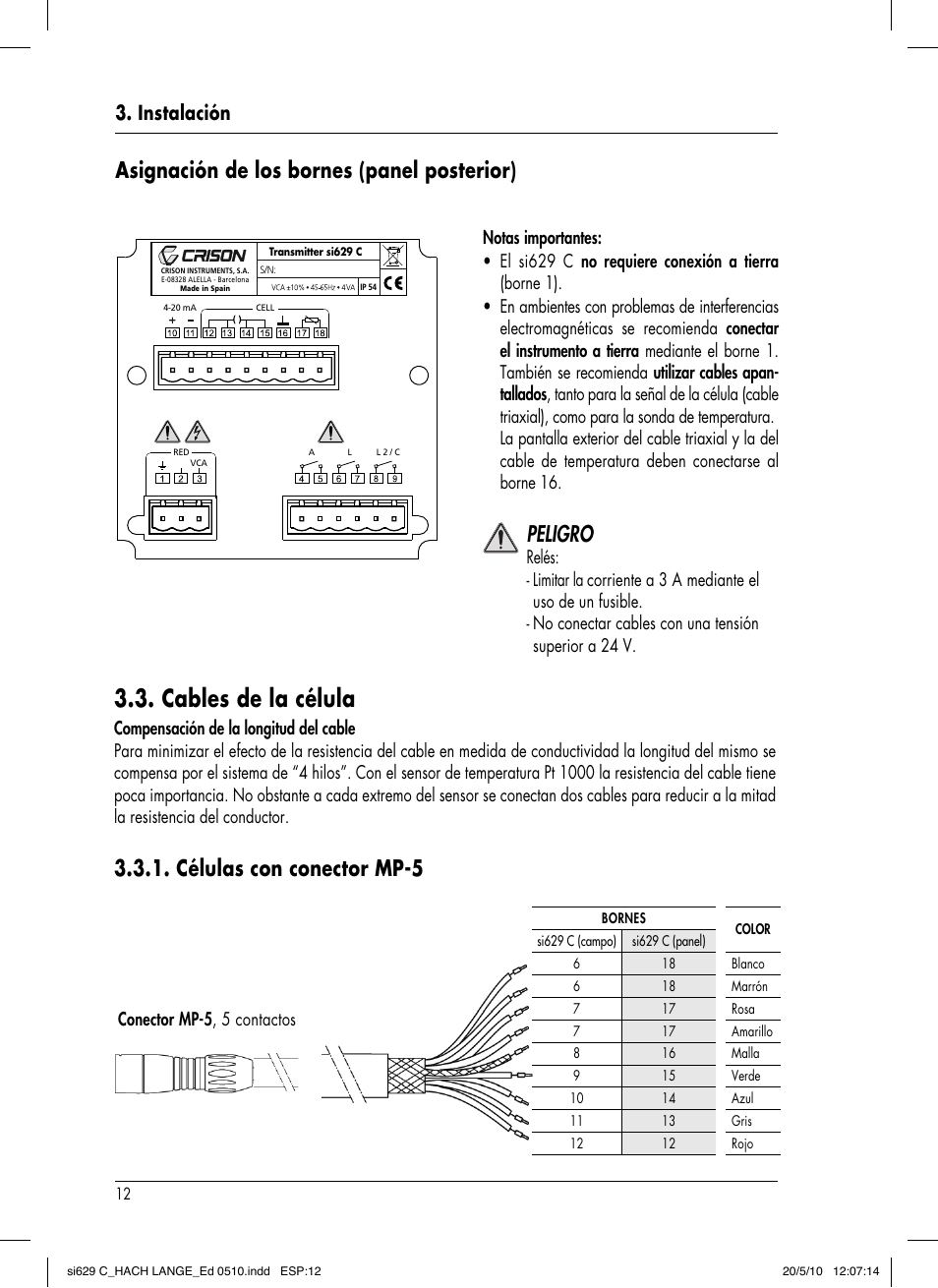 Cables de la célula, Peligro, Asignación de los bornes (panel posterior) | Células con conector mp-5, Instalación | Hach-Lange SI629 C User Manual | Page 76 / 157
