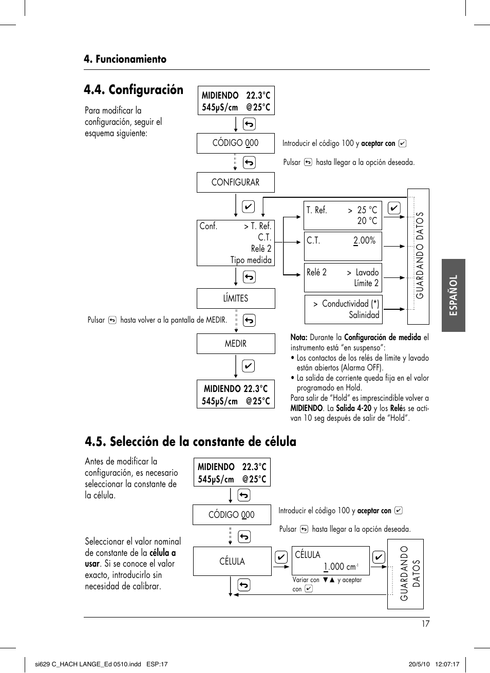 Configuración, Selección de la constante de célula, Funcionamiento esp añol | Hach-Lange SI629 C User Manual | Page 81 / 157