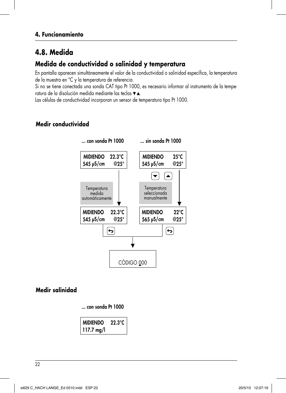 Medida, Medida de conductividad o salinidad y temperatura | Hach-Lange SI629 C User Manual | Page 86 / 157