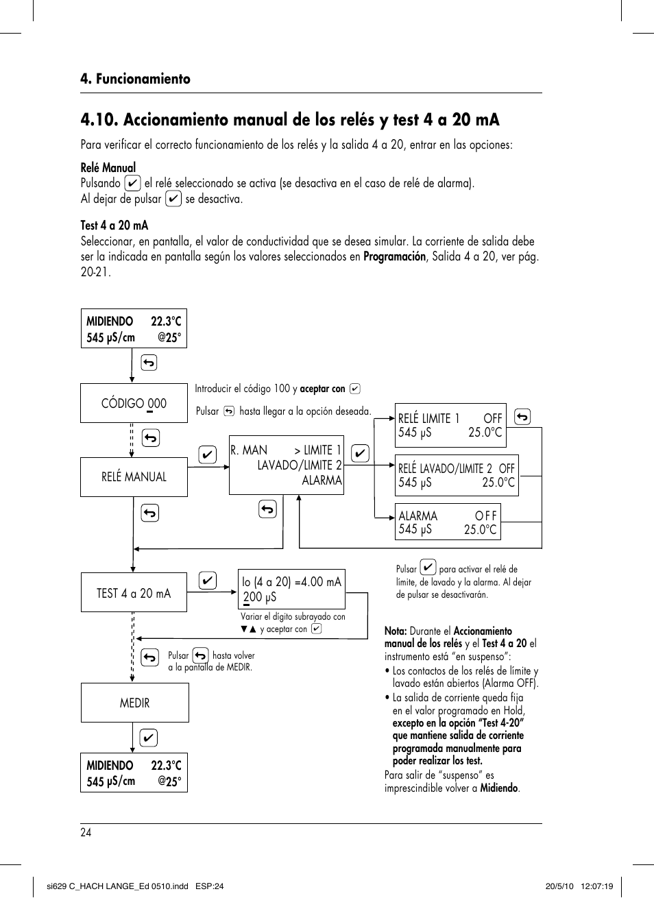 Accionamiento manual de los relés y test 4 a 20 ma, Funcionamiento | Hach-Lange SI629 C User Manual | Page 88 / 157