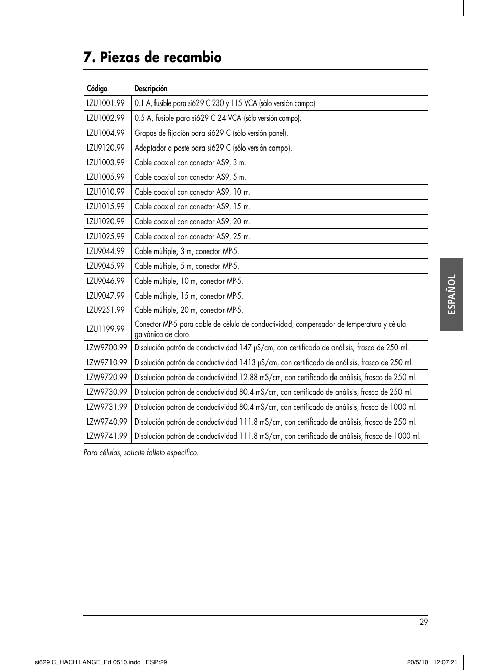 Piezas de recambio, Esp añol | Hach-Lange SI629 C User Manual | Page 93 / 157
