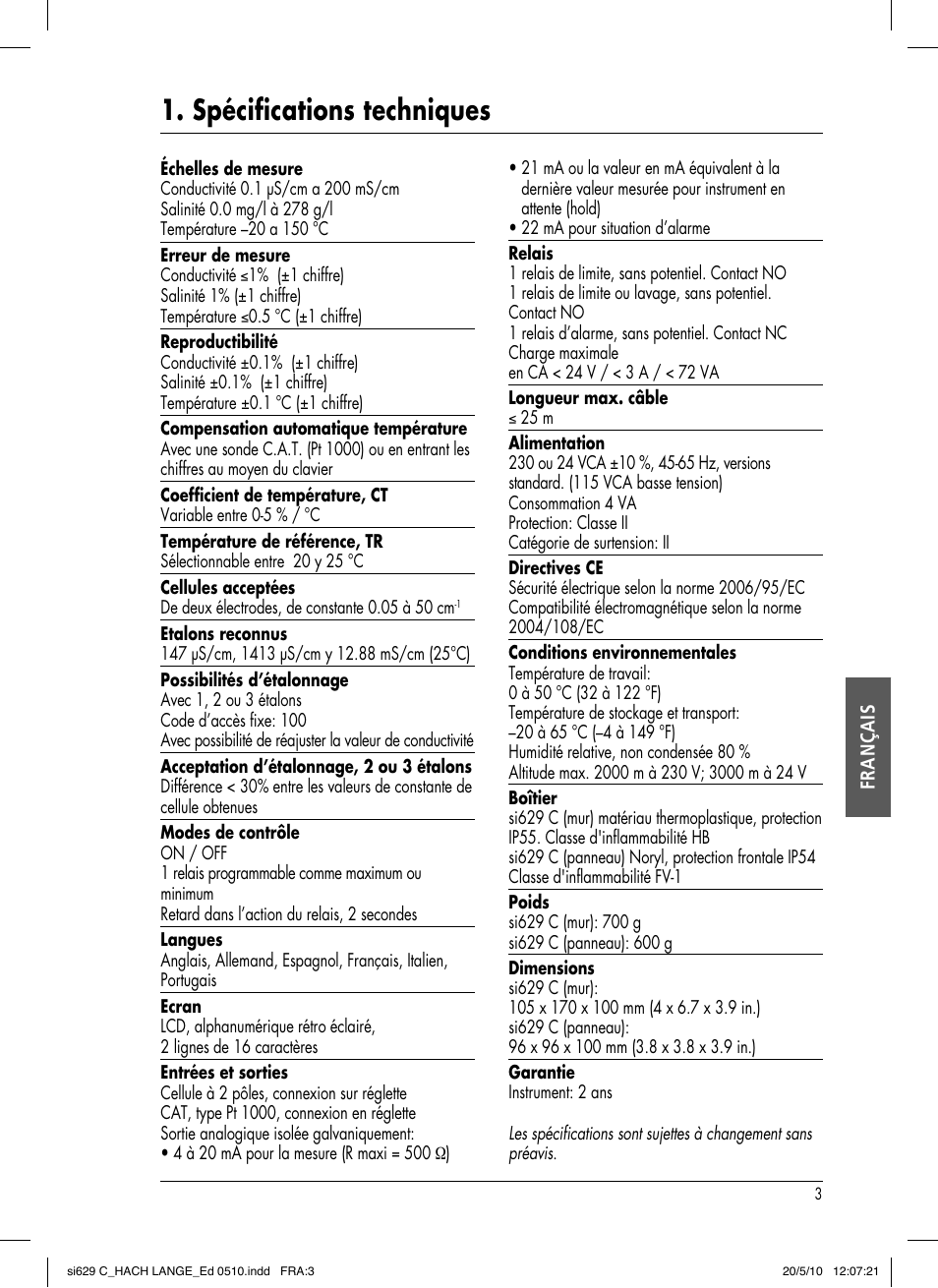 Spécifications techniques, Français | Hach-Lange SI629 C User Manual | Page 97 / 157