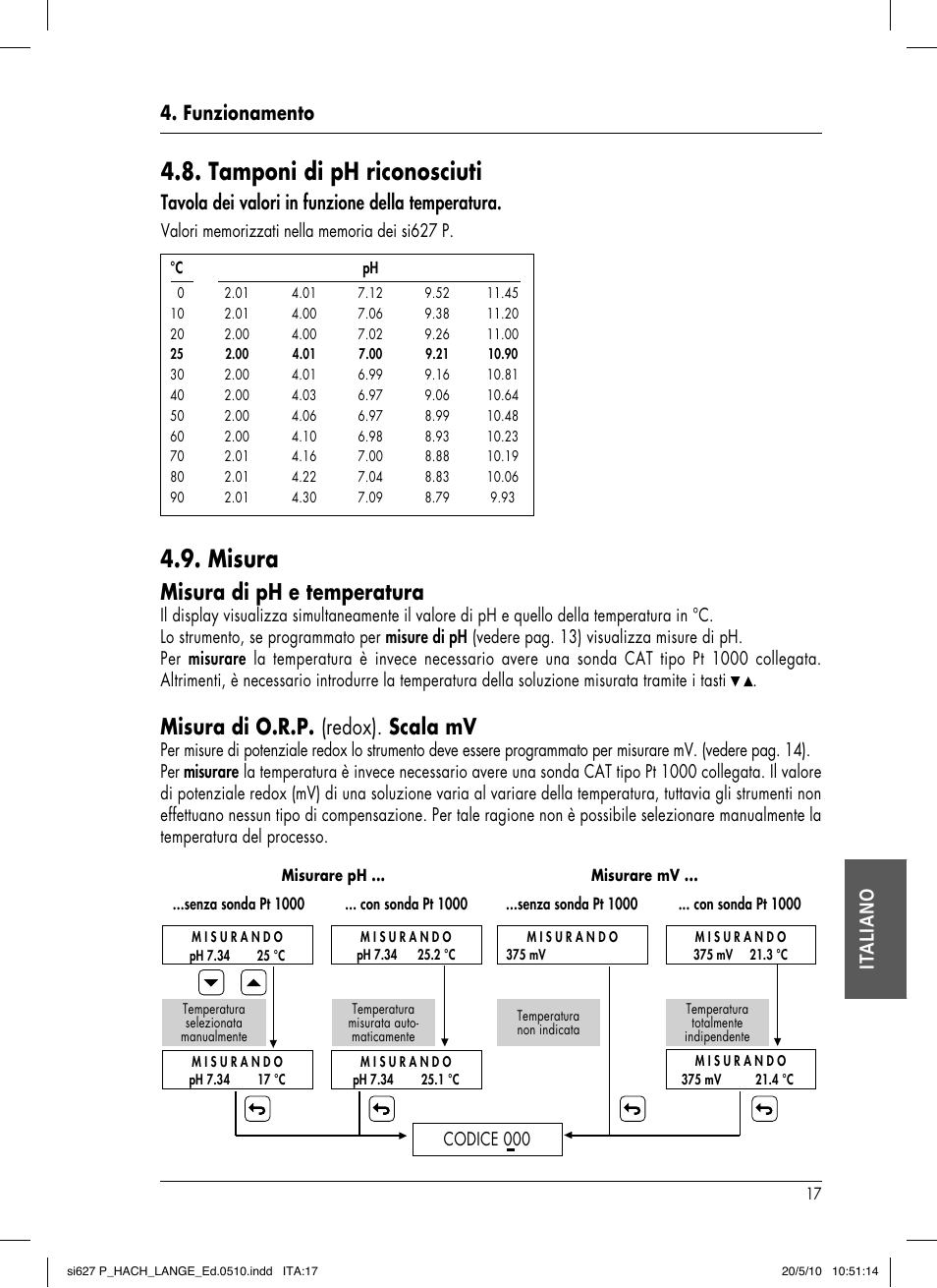 Tamponi di ph riconosciuti, Misura, Misura di ph e temperatura | Misura di o.r.p. (redox). scala mv, Funzionamento it aliano, Tavola dei valori in funzione della temperatura | Hach-Lange SI627 P User Manual | Page 109 / 116