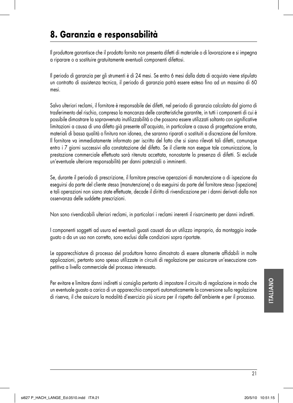 Garanzia e responsabilità | Hach-Lange SI627 P User Manual | Page 113 / 116