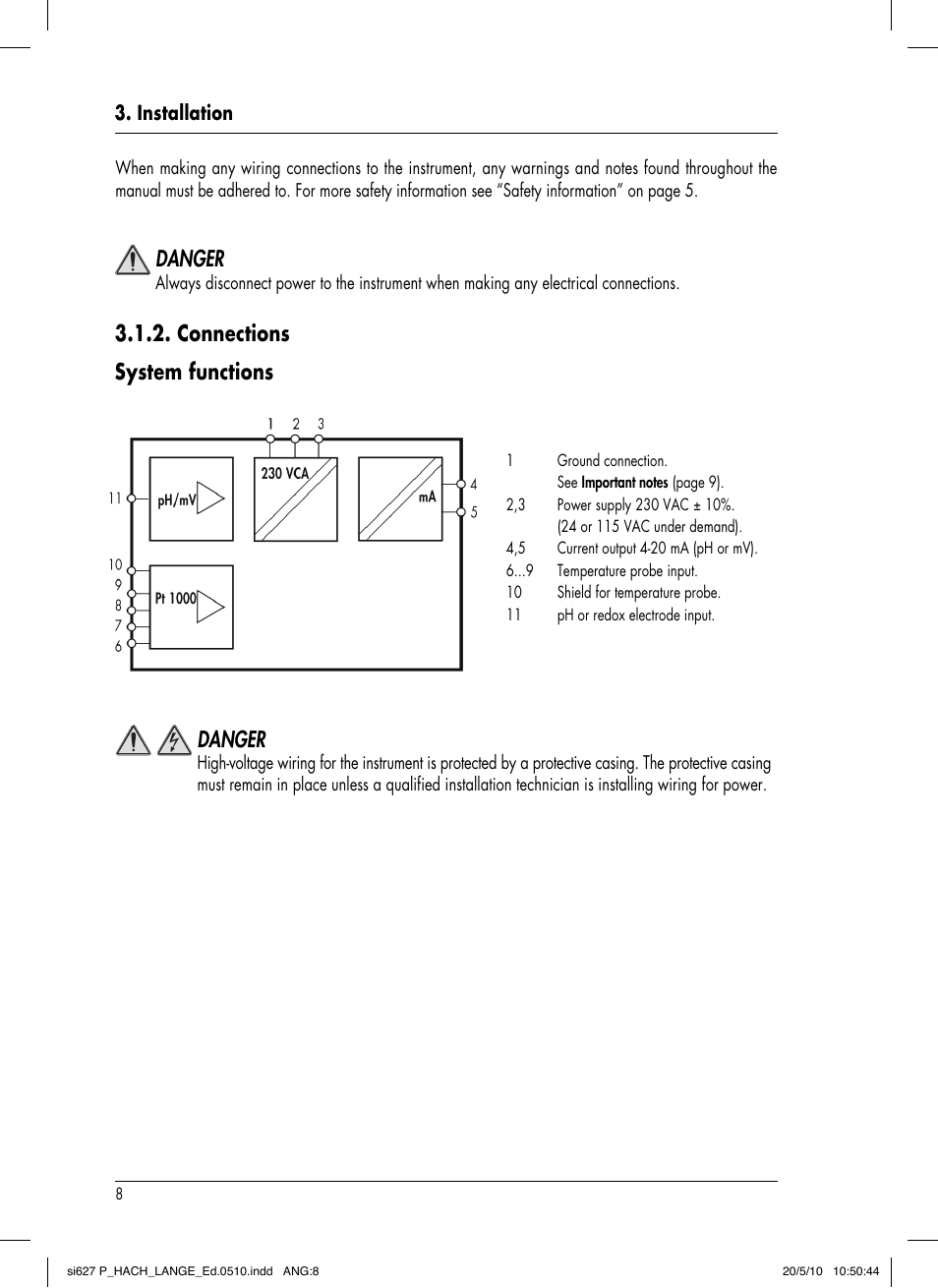 Connections system functions, Danger | Hach-Lange SI627 P User Manual | Page 12 / 116