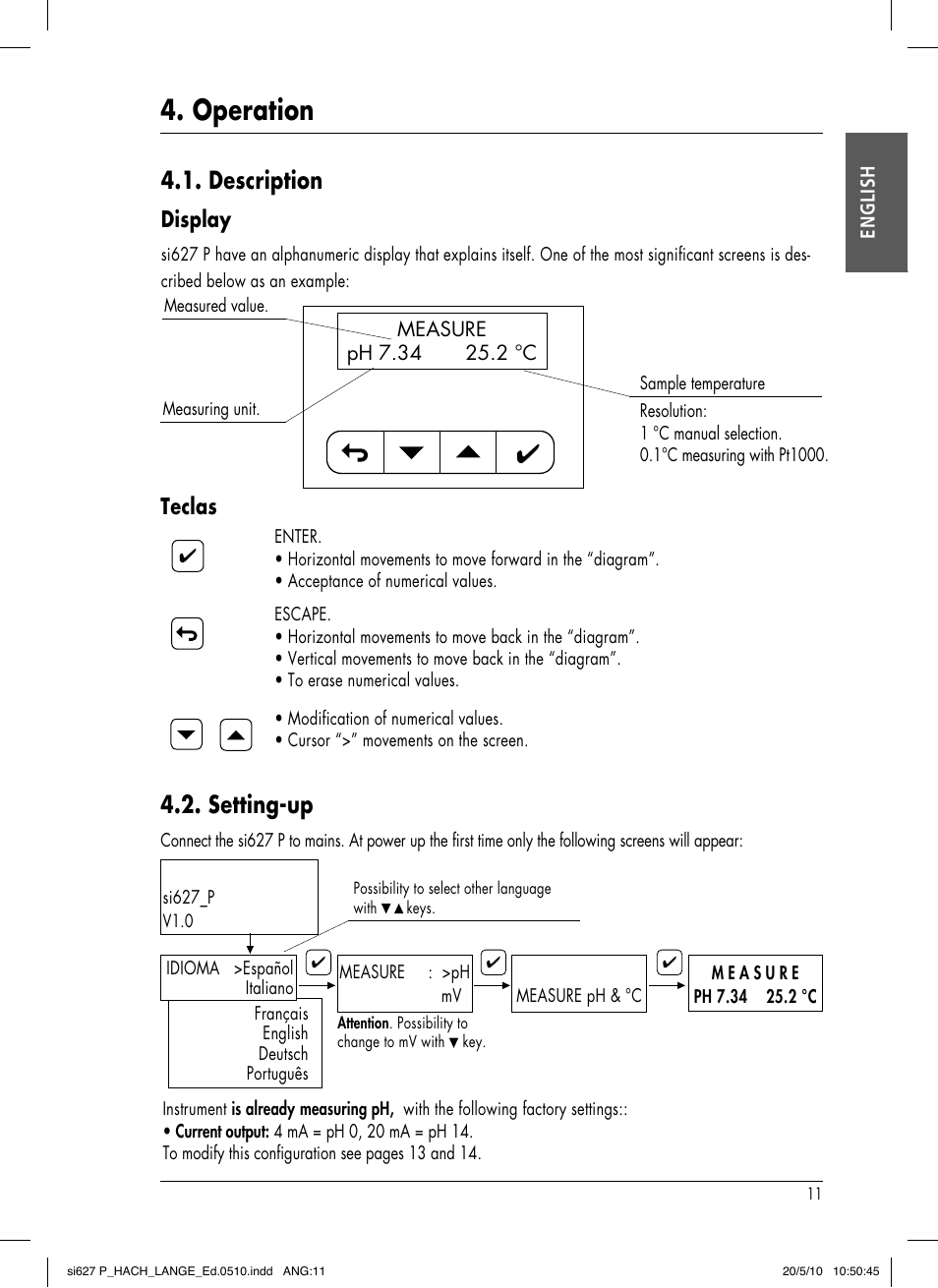 Operation, Description, Setting-up | Display, Teclas | Hach-Lange SI627 P User Manual | Page 15 / 116