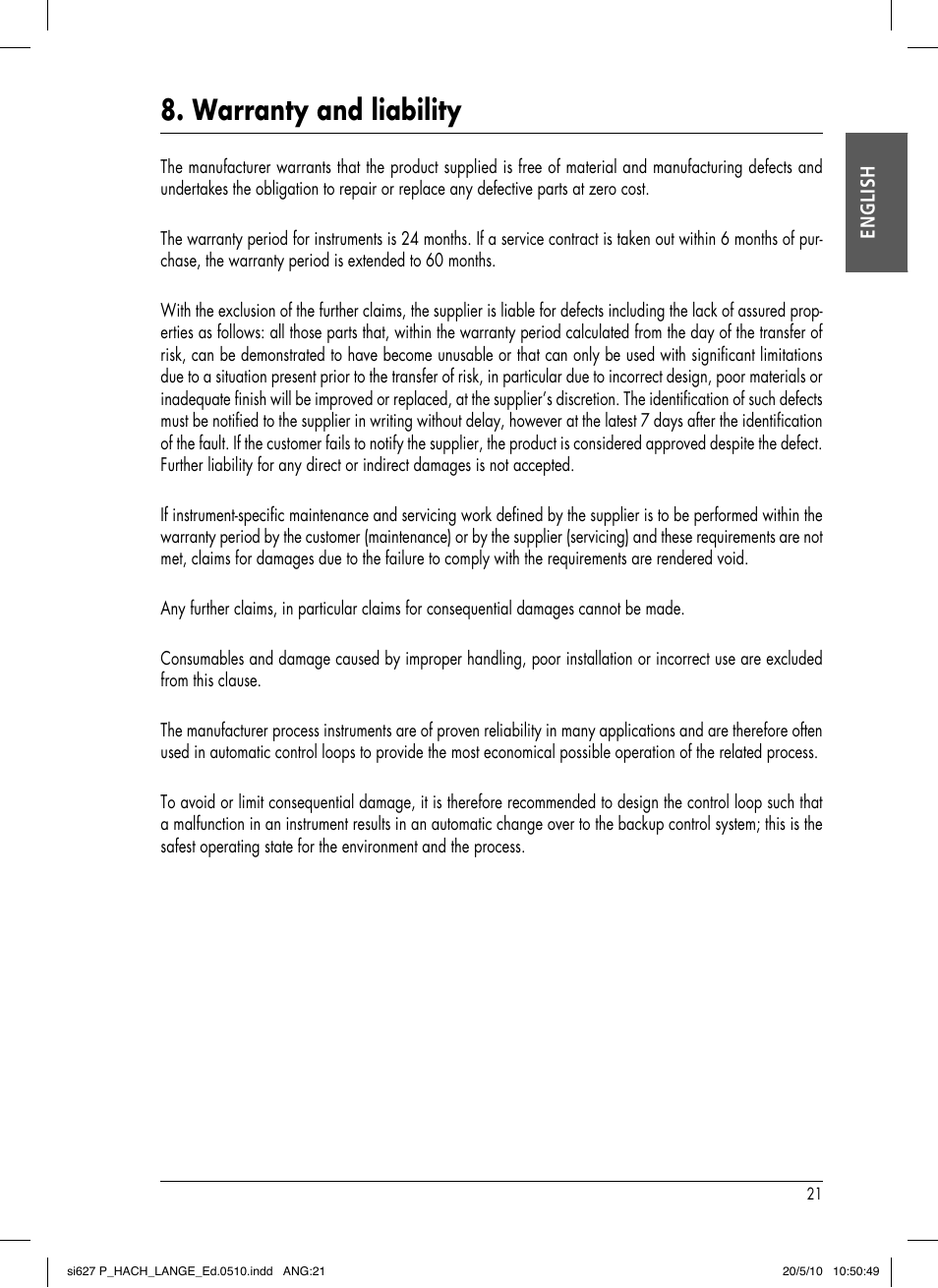 Warranty and liability | Hach-Lange SI627 P User Manual | Page 25 / 116