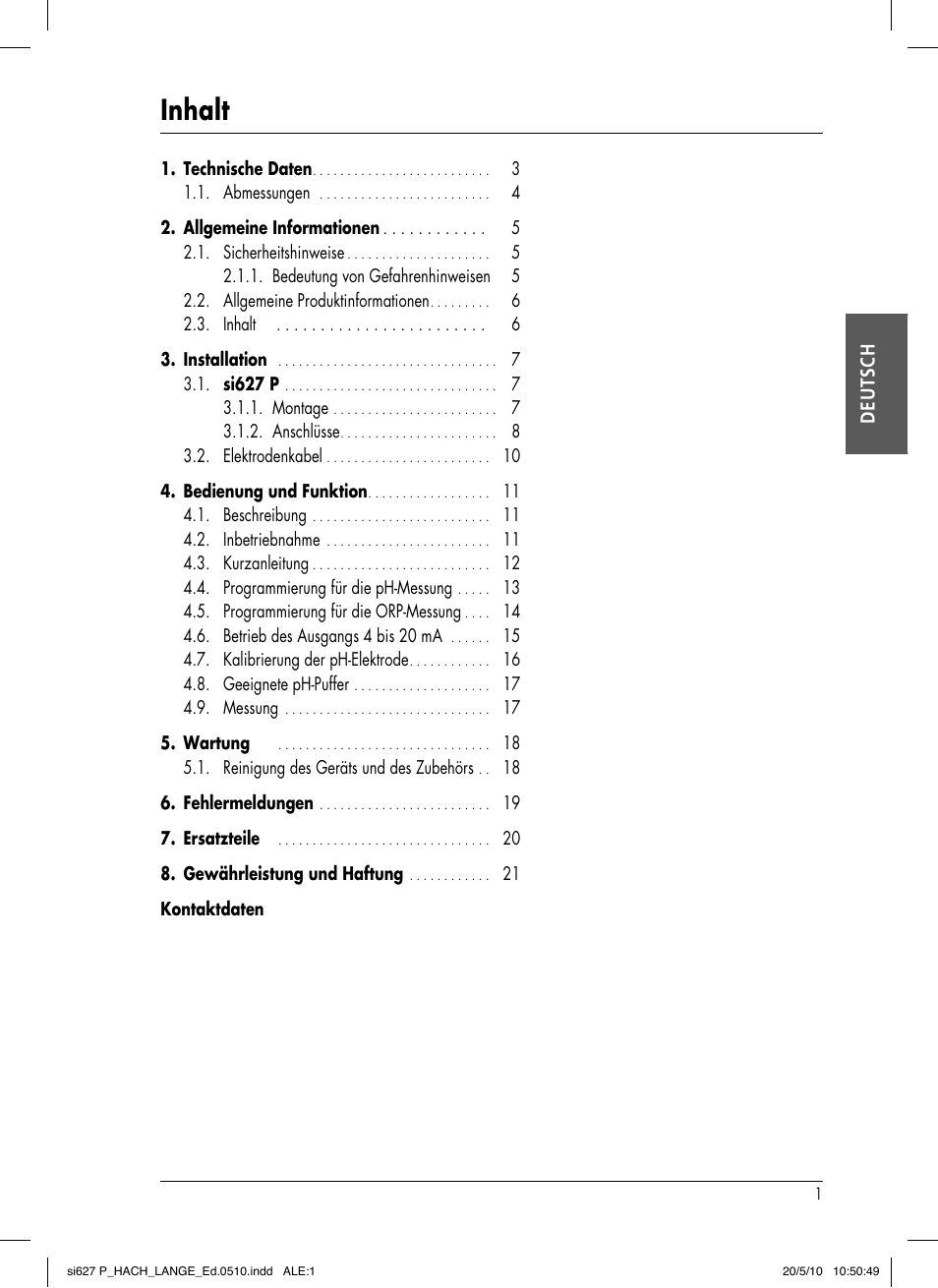 Inhalt | Hach-Lange SI627 P User Manual | Page 27 / 116