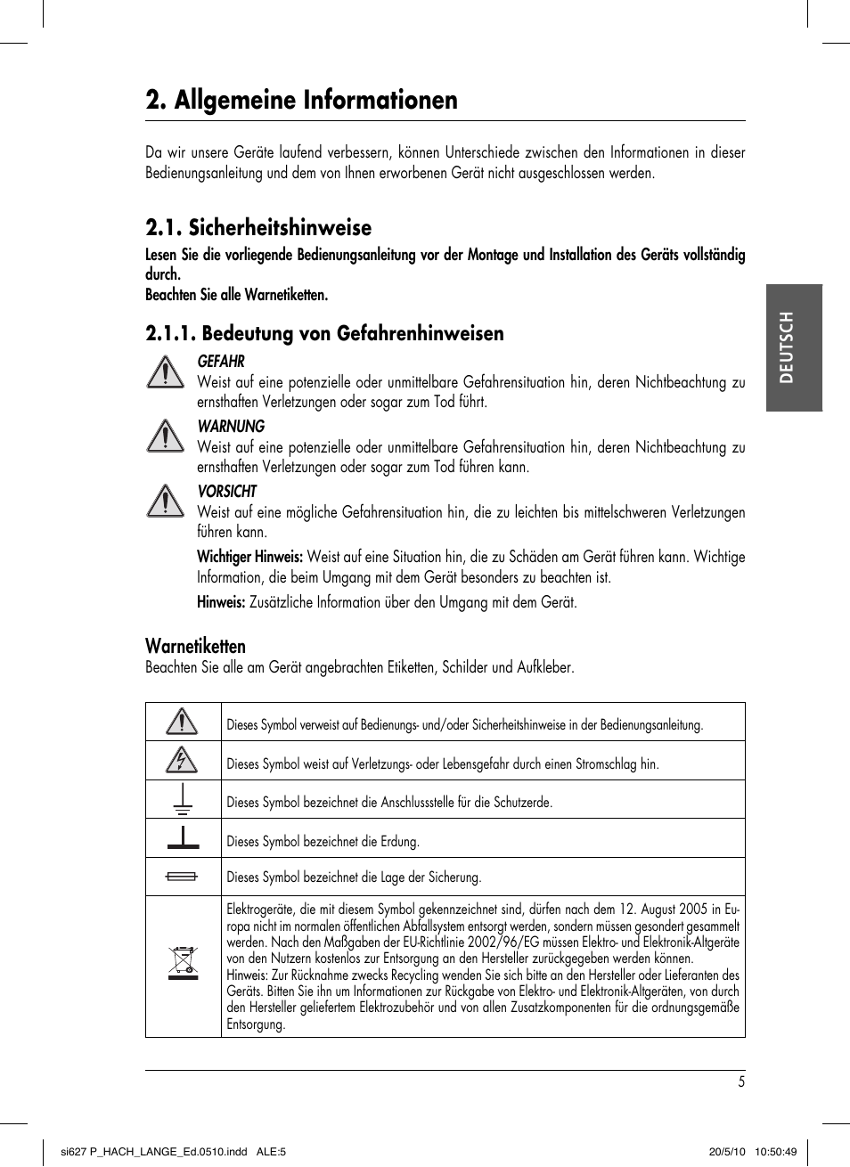 Allgemeine informationen, Sicherheitshinweise, Bedeutung von gefahrenhinweisen | Warnetiketten | Hach-Lange SI627 P User Manual | Page 31 / 116