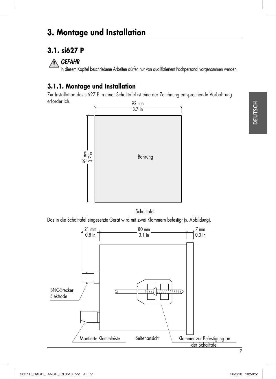 Montage und installation, Si627 p, Gefahr | Hach-Lange SI627 P User Manual | Page 33 / 116