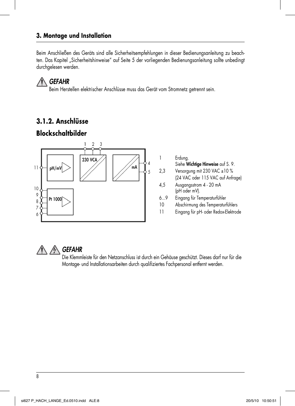 Anschlüsse blockschaltbilder, Gefahr | Hach-Lange SI627 P User Manual | Page 34 / 116