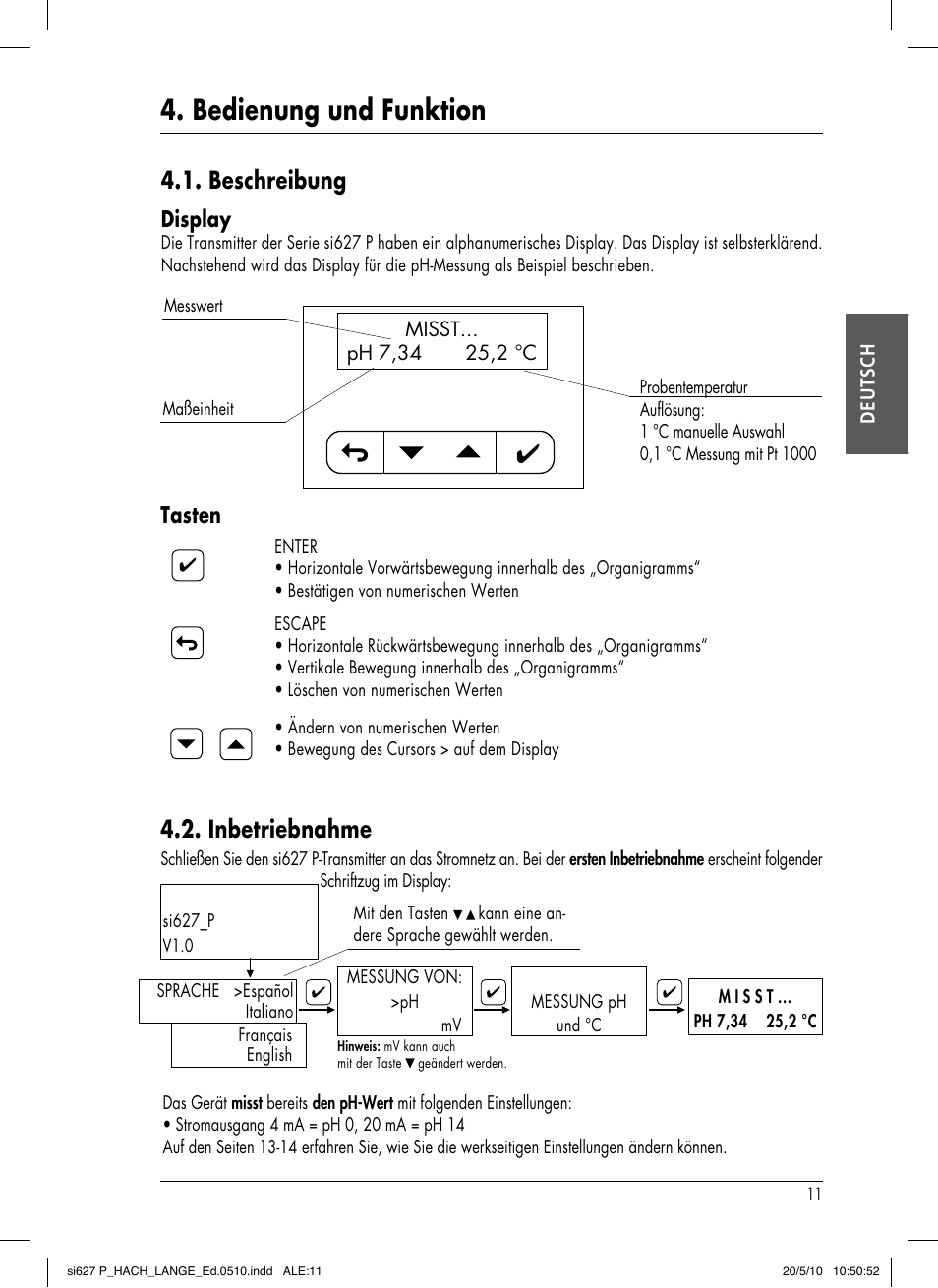 Bedienung und funktion, Beschreibung, Inbetriebnahme | Display, Tasten | Hach-Lange SI627 P User Manual | Page 37 / 116