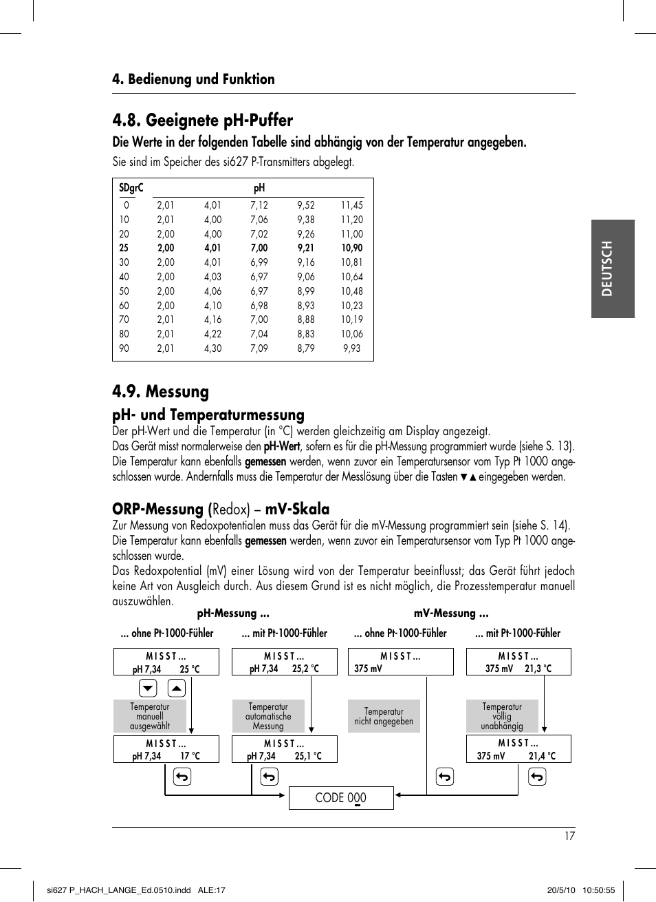 Geeignete ph-puffer, Messung, Ph- und temperaturmessung | Orp-messung ( redox) – mv-skala, Bedienung und funktion deutsch | Hach-Lange SI627 P User Manual | Page 43 / 116