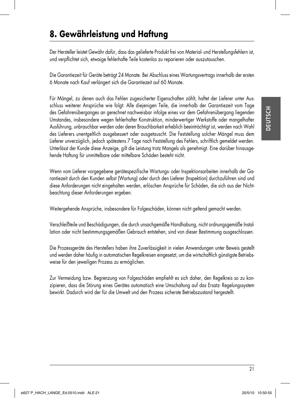 Gewährleistung und haftung | Hach-Lange SI627 P User Manual | Page 47 / 116