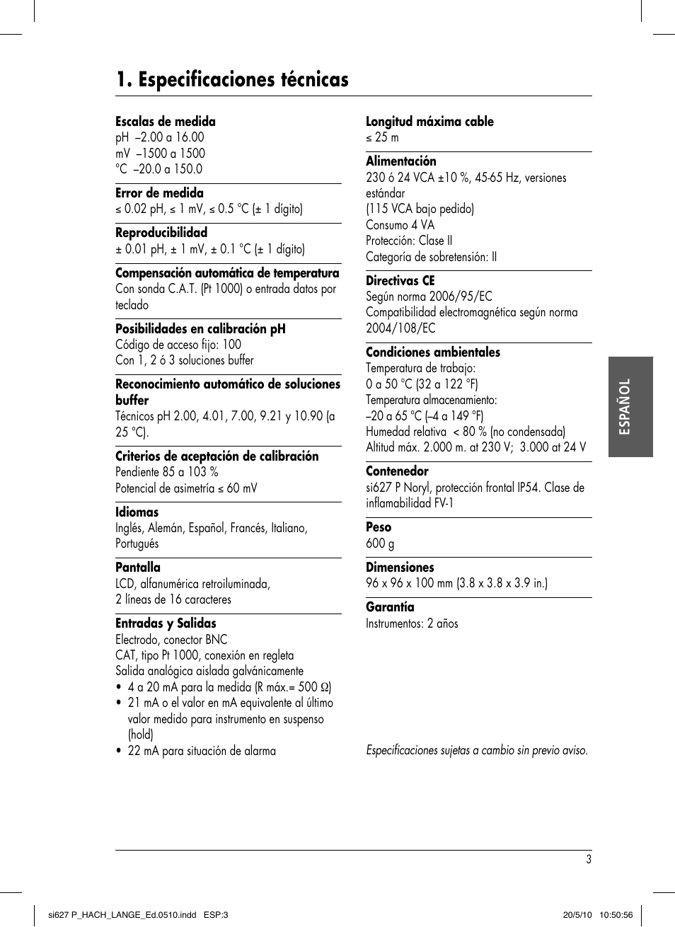 Especificaciones técnicas | Hach-Lange SI627 P User Manual | Page 51 / 116