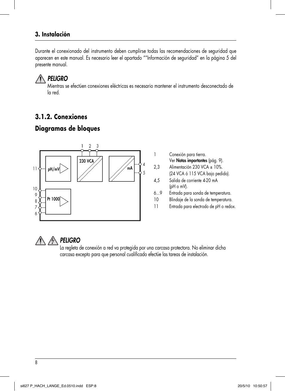 Conexiones diagramas de bloques, Peligro | Hach-Lange SI627 P User Manual | Page 56 / 116