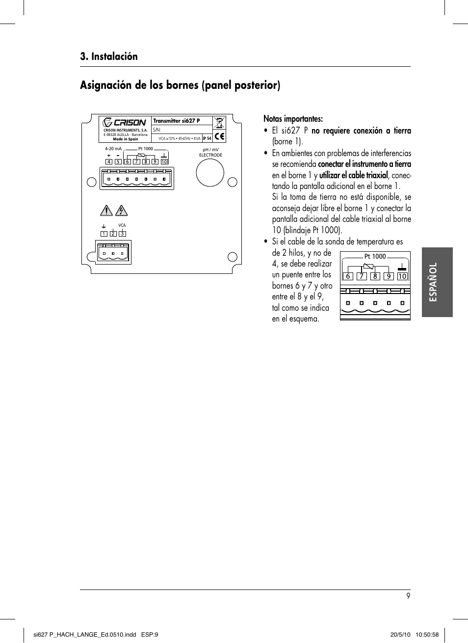 Asignación de los bornes (panel posterior), Instalación esp añol, Notas importantes | Hach-Lange SI627 P User Manual | Page 57 / 116