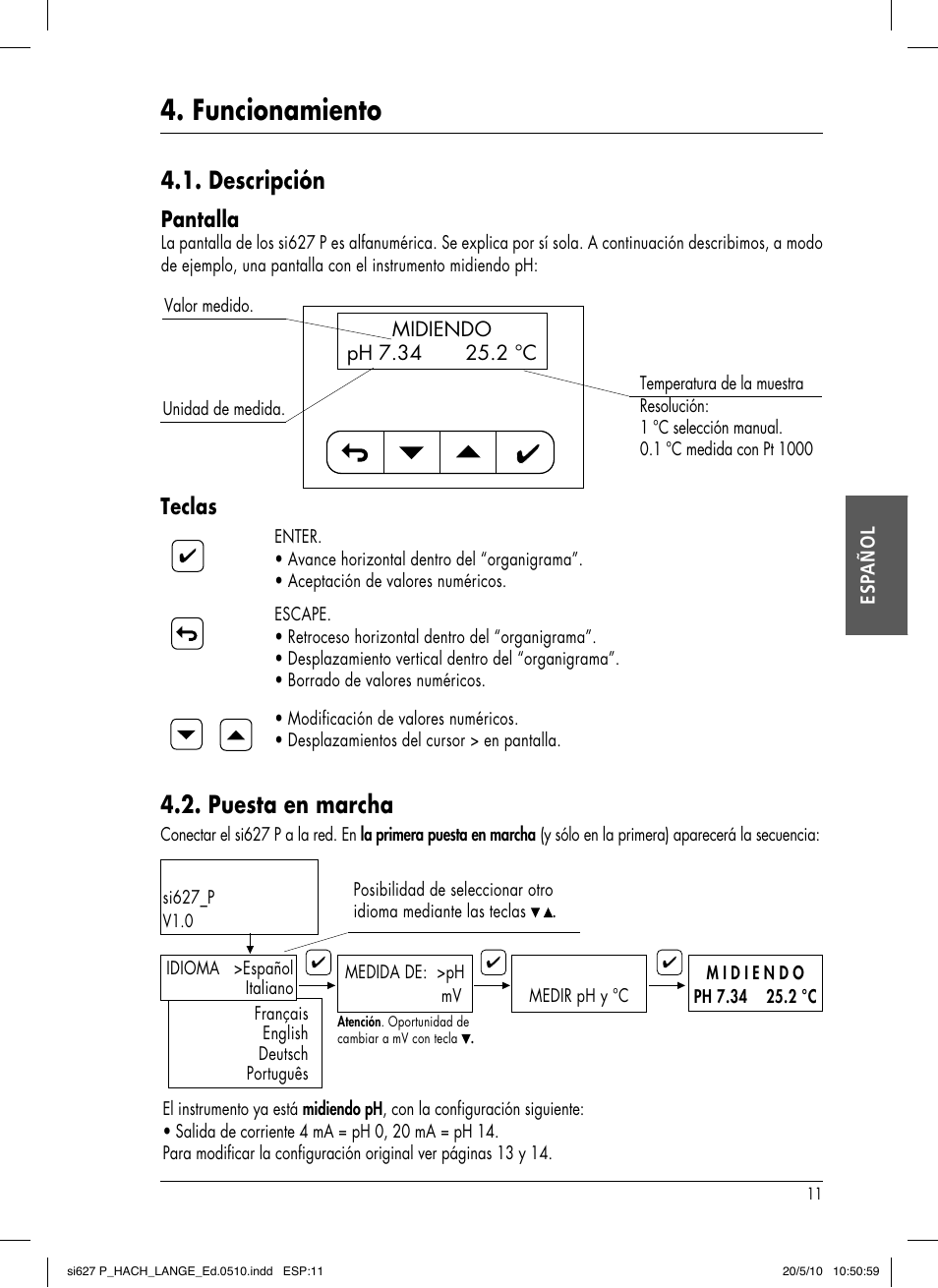 Funcionamiento, Descripción, Puesta en marcha | Pantalla, Teclas | Hach-Lange SI627 P User Manual | Page 59 / 116