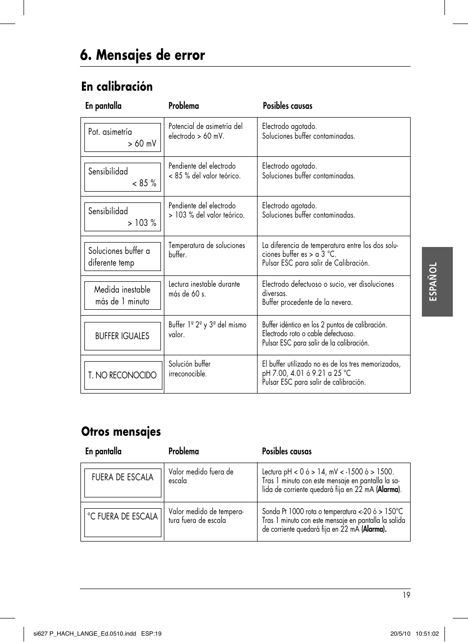 Mensajes de error, En calibración, Otros mensajes | Hach-Lange SI627 P User Manual | Page 67 / 116