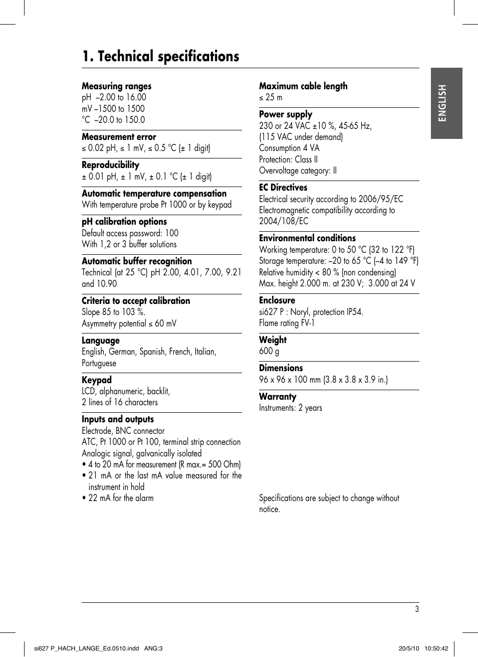Technical specifications | Hach-Lange SI627 P User Manual | Page 7 / 116