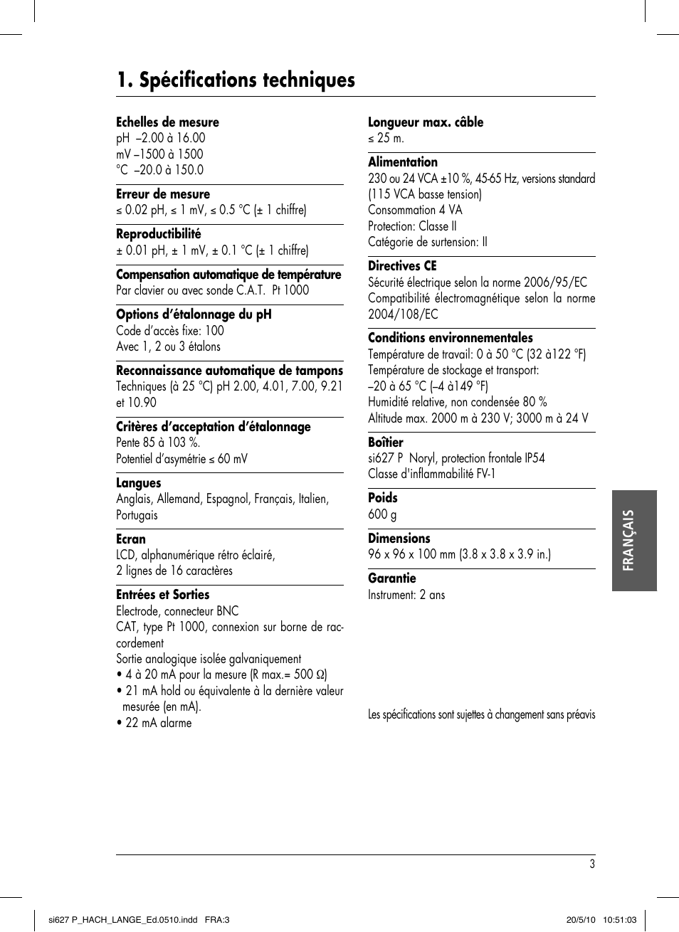 Spécifications techniques | Hach-Lange SI627 P User Manual | Page 73 / 116